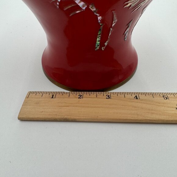 Vntg. Cloisonné Mother of Pearl inlay Red Enamel on Brass VASE 11” tall Large si - Picture 11 of 14